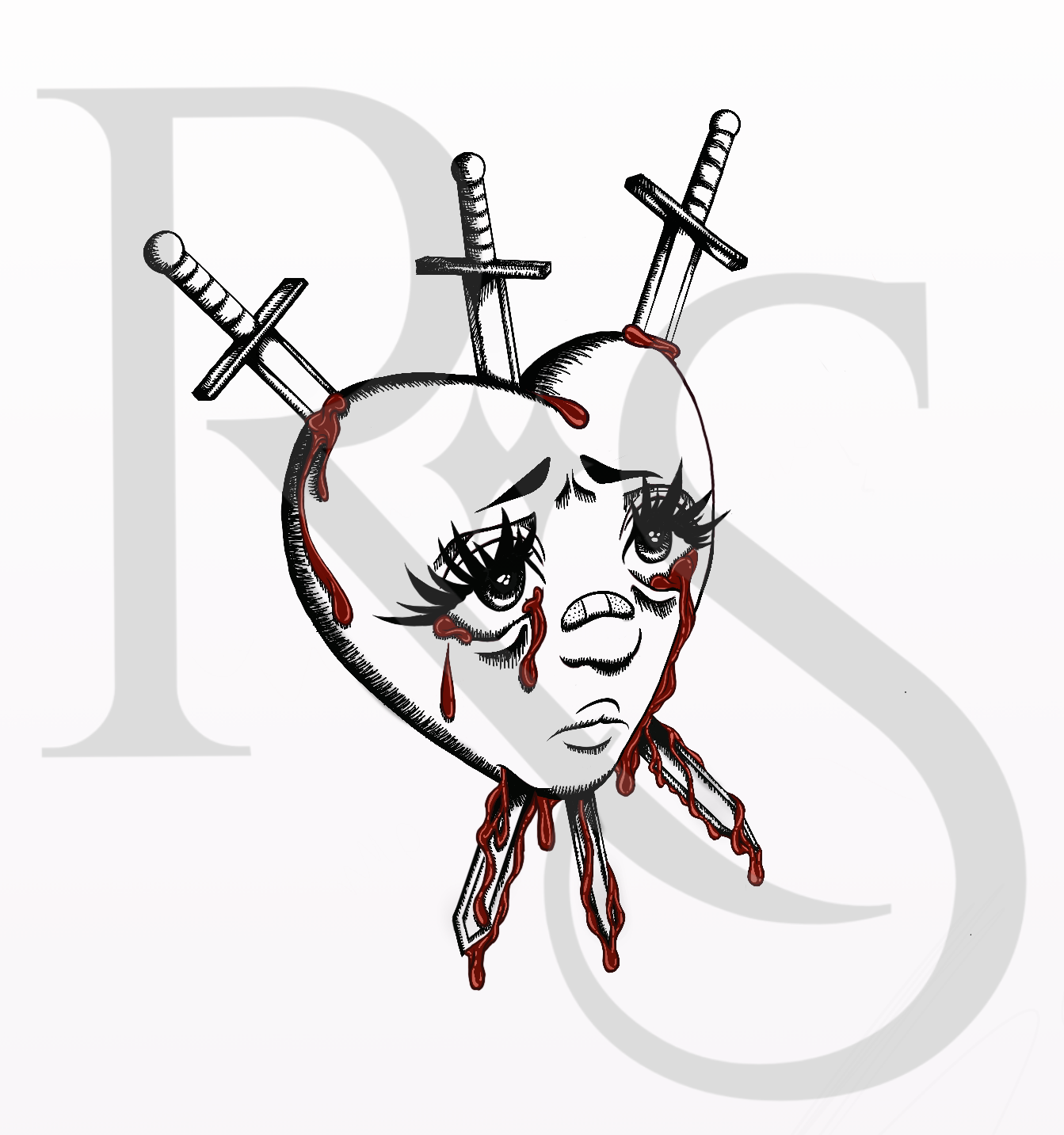 Heart with a face pierced by 3 swords 