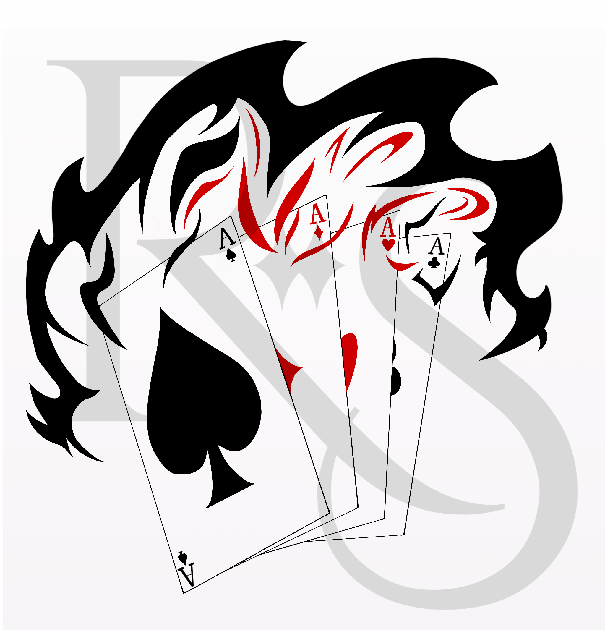 Four playing cards with black and red designs on a white background