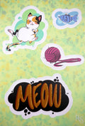 Set of stickers featuring a cat, yarn ball, butterfly, and 'MEOW' text on a textured background.
