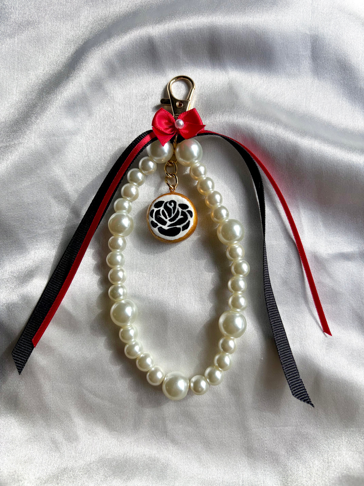 Ying Yang Rose charm keychain, handmade clay charm keychain