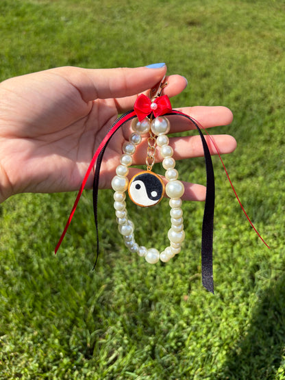 Ying Yang Rose charm keychain, handmade clay charm keychain