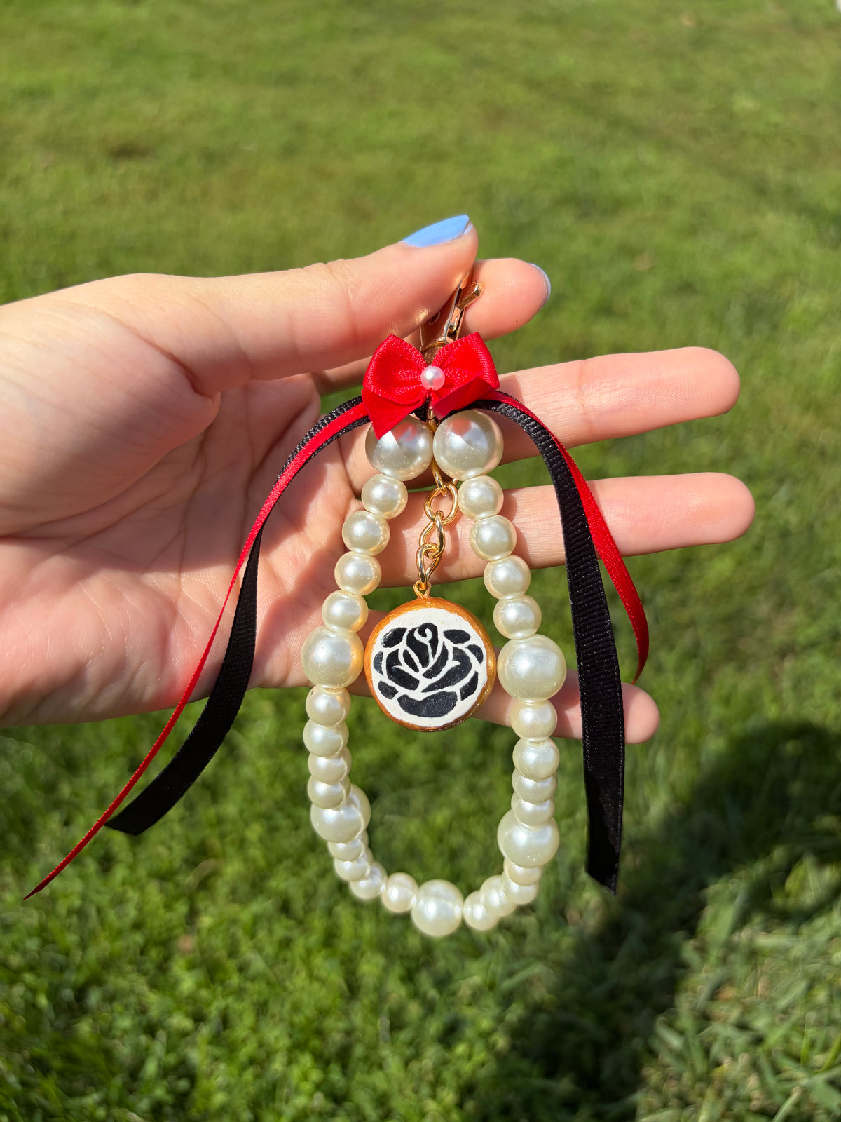 Ying Yang Rose charm keychain, handmade clay charm keychain