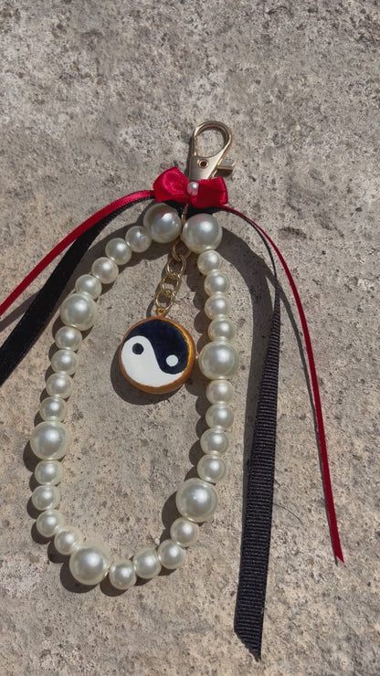 Ying Yang Rose charm keychain, handmade clay charm keychain