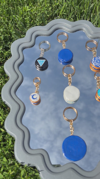 Evil Eye & Mystical Loop keychain charms, handmade clay bag keychain charm
