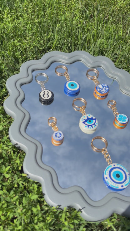 Evil Eye & Mystical Loop keychain charms, handmade clay bag keychain charm